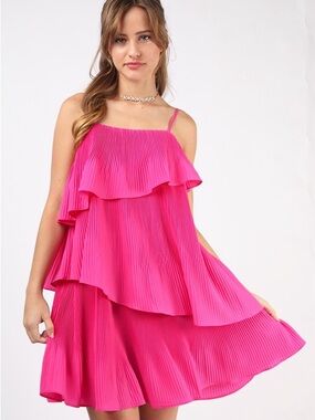 Very J Hot Pink Pleated Ruffle Mini Dress